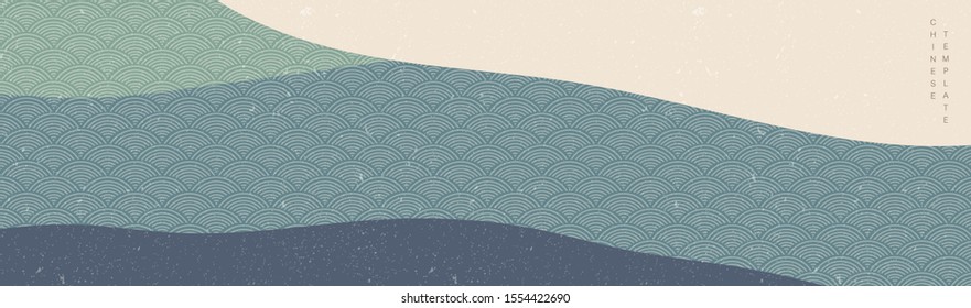 Abstract background in oriental style. Chinese new year banner. Geometric line with Japanese pattern vector. Colorful wavy shapes in oriental template. Mountain layout design. 