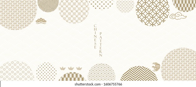 Abstract background in oriental style. Chinese new year banner. Geometric line with Japanese pattern vector. Gold line elements with circle shape decoration.