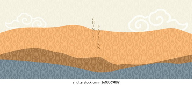 Abstract background in oriental style. Chinese new year banner. Geometric line with Japanese wave pattern vector. Landscape in oriental template. Mountain layout design.