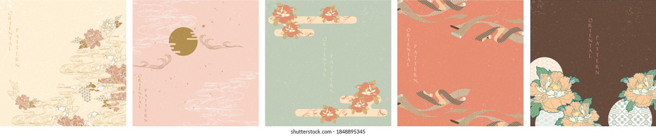 Abstract background in oriental style. Chinese new year banner. Geometric line with Japanese pattern vector. Peony flower and wavy object.