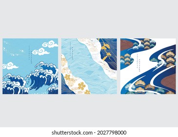 Abstract background in oriental style. Chinese new year banner. Geometric line with Japanese pattern vector. Peony flower and wavy object.