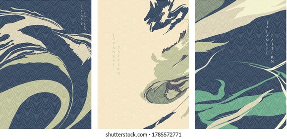 Abstract background in oriental style. Geometric line with Japanese pattern vector. Brush stroke shapes in vintage template. Oil painting layout design.