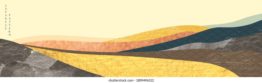 Abstract background in oriental style. Natural elements banner. Gold texture with Japanese style vector. Art landscape template. Mountainous forest layout design.