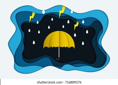 Abstract background Origami Paper Art Rain season with storm lightning  umbrella , illustration vector for design or advertising