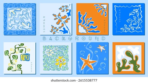 Abstract background ornament, set of summer cards with flowers, leaves, geometric square pattern in blue and orange. Vector illustration summer abstraction