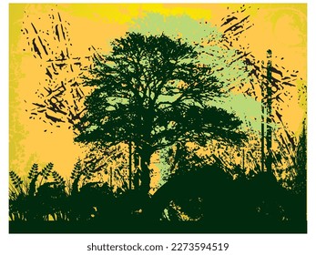 abstract background with ornamented lines of trees and grass