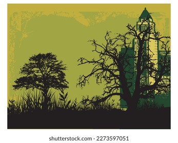 abstract background with ornaments of grass trees and buildings