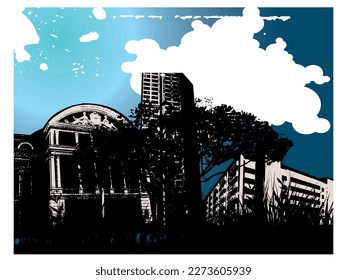 abstract background with ornaments of grass trees and buildings