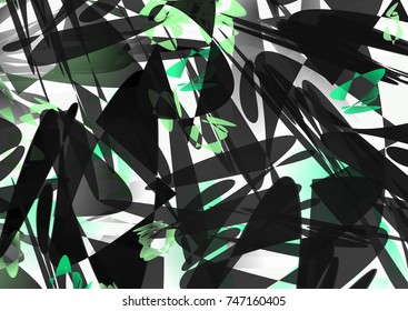 Abstract background out of various geometrical shapes. Black, white and green colors. Intersected complicated forms.