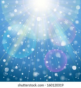 Abstract background with overhead lighting and snowfall. Snow on blue backdrop with light effect. Vector background for Christmas, new year's day, winter holiday, design, new year's eve,