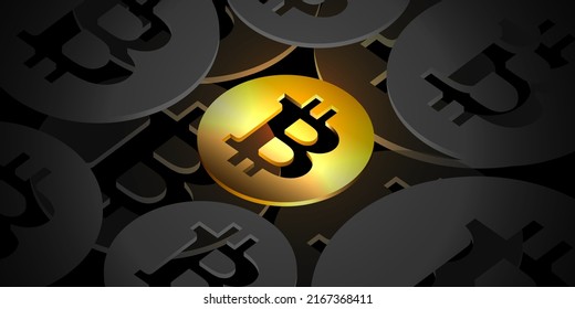 Abstract background with overlapping bitcoins symbol on black background. The middle is a golden glow. vector illustration 3d