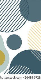 Abstract background with overlapping circles and diagonal stripes in muted teal, mustard yellow, and pale blue. Modern geometric design with a minimalist aesthetic.