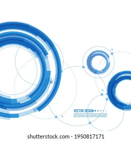 Abstract background with overlapping circles and dots. Chaotic motion. Round banner with empty space for text. Node molecule structure. Science and connection concept.