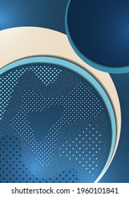 Abstract background with overlapping circles and dots. Chaotic movement. Round banner with blank space for text. Vector illustration