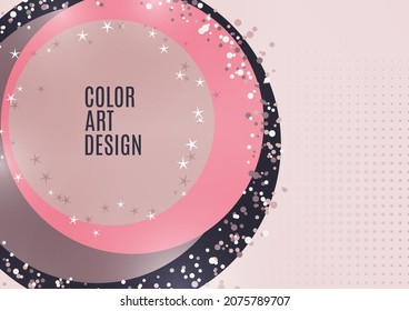 Abstract background with overlapping circles and dots. Chaotic movement. Round banner with blank space for text. Vector illustration