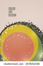 Abstract background with overlapping circles and dots. Chaotic movement. Round banner with blank space for text. Vector illustration