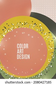 Abstract background with overlapping circles and dots. Chaotic movement. Round banner with blank space for text. Vector illustration