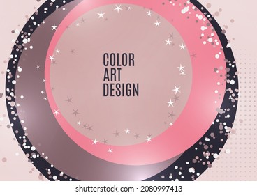 Abstract background with overlapping circles and dots. Chaotic movement. Round banner with blank space for text. Vector illustration