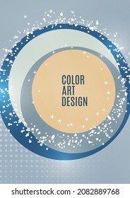 Abstract background with overlapping circles and dots. Chaotic movement. Round banner with blank space for text. Vector illustration