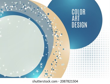 Abstract background with overlapping circles and dots. Chaotic movement. Round banner with blank space for text. Vector illustration