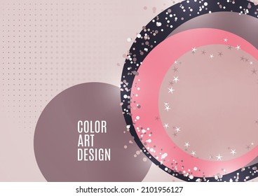 Abstract background with overlapping circles and dots. Chaotic movement. Round banner with blank space for text. Vector illustration