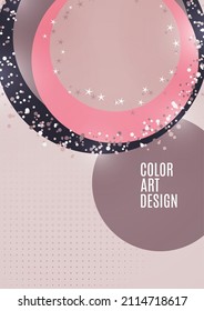 Abstract background with overlapping circles and dots. Chaotic movement. Round banner with blank space for text. Vector illustration