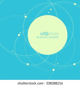 Abstract background with overlapping circles and dots. Chaotic motion. Round banner with empty space for text. Node molecule structure. 