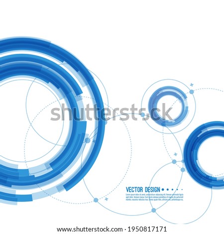 Abstract background with overlapping circles and dots. Chaotic motion. Round banner with empty space for text. Node molecule structure. Science and connection concept.