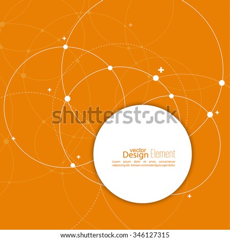 Abstract background with overlapping circles and dots. Chaotic motion. Round banner with empty space for text. Node molecule structure. Science and connection concept.