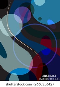 Abstract background with overlapping circles and organic shapes in teal, blue, purple, and burgundy on a dark background with flowing beige lines and soft blended edges