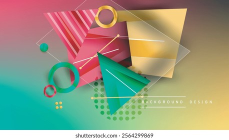 Abstract background - overlapping circles, rectangles, and triangles with vibrant gradients. Semi-transparent shapes create depth and balance