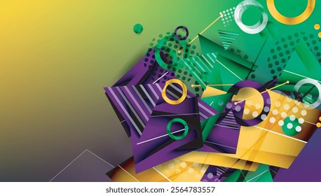 Abstract background - overlapping circles, rectangles, and triangles with vibrant gradients. Semi-transparent shapes create depth and balance