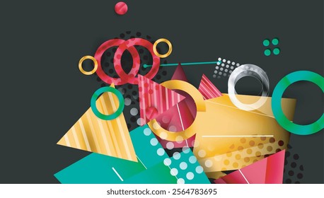 Abstract background - overlapping circles, rectangles, and triangles with vibrant gradients. Semi-transparent shapes create depth and balance