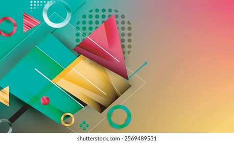 Abstract background - overlapping circles, rectangles, and triangles with vibrant gradients. Semi-transparent shapes create depth and balance