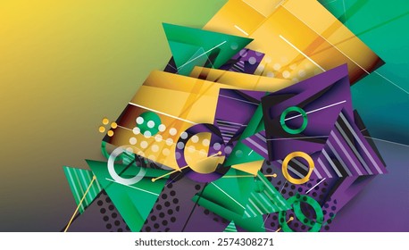 Abstract background - overlapping circles, rectangles, and triangles with vibrant gradients. Semi-transparent shapes create depth and balance