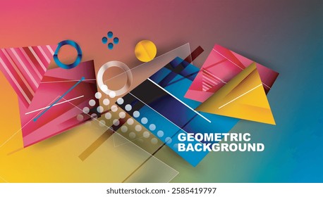 Abstract background - overlapping circles, rectangles, and triangles with vibrant gradients. Semi-transparent shapes create depth and balance