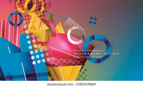 Abstract background - overlapping circles, rectangles, and triangles with vibrant gradients. Semi-transparent shapes create depth and balance