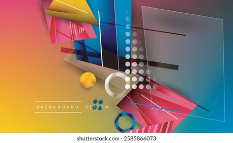 Abstract background - overlapping circles, rectangles, and triangles with vibrant gradients. Semi-transparent shapes create depth and balance