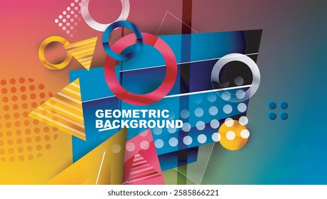 Abstract background - overlapping circles, rectangles, and triangles with vibrant gradients. Semi-transparent shapes create depth and balance