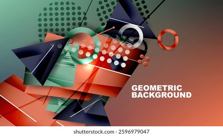Abstract background - overlapping circles, rectangles, and triangles with vibrant gradients. Semi-transparent shapes create depth and balance