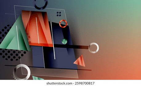 Abstract background - overlapping circles, rectangles, and triangles with vibrant gradients. Semi-transparent shapes create depth and balance