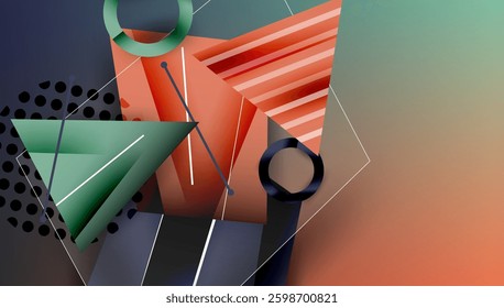 Abstract background - overlapping circles, rectangles, and triangles with vibrant gradients. Semi-transparent shapes create depth and balance