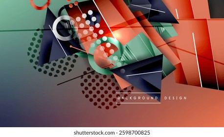 Abstract background - overlapping circles, rectangles, and triangles with vibrant gradients. Semi-transparent shapes create depth and balance