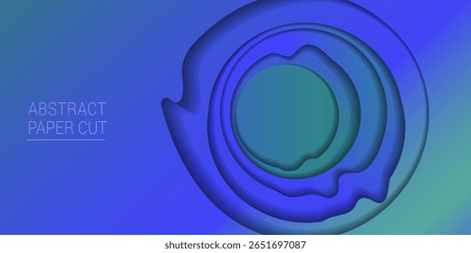 Abstract background with overlapping concentric circles in bright blue and green shades on gradient background. Background cut out of paper. Copy space