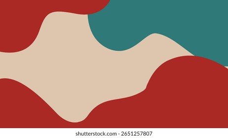 Fundo abstrato com sobreposição de formas fluidas em uma paleta impressionante de vermelho, azul-petróleo e bege. Um gráfico moderno vibrante com uma composição dinâmica e em camadas.