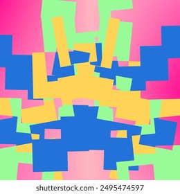 Abstract background with overlapping geometric shapes in vibrant colors. Pink, blue, green, and yellow dominate. Sharp edges and angular forms. Dynamic and energetic composition.