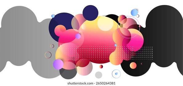 Abstract Background with Overlapping Pink, Orange, Yellow, and Purple Circles and Ovals, Featuring Gradients, Dotted Patterns, and Floating Gray Layers for Depth, Texture, and Motion