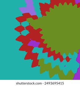 Abstract background with overlapping shapes in various colors. Red, green, purple, and turquoise dominate. Sharp edges and angular forms. Dynamic and energetic composition.