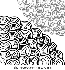 Abstract background of overlapping striped circles. Doodle design. Vector illustration.