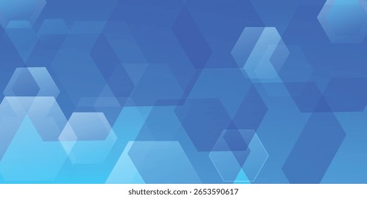 Abstract background of overlapping translucent hexagons in shades of blue.